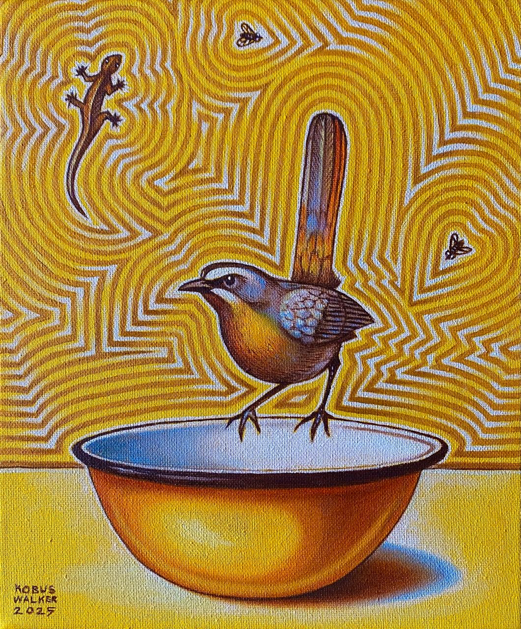 Robin with enamel bowl