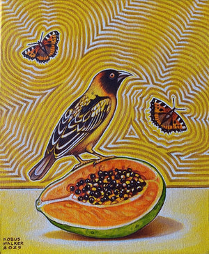 Southern-masked weaver with paw paw