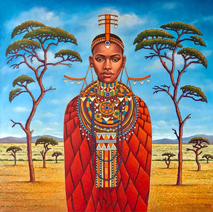 Maasai woman with acacia trees